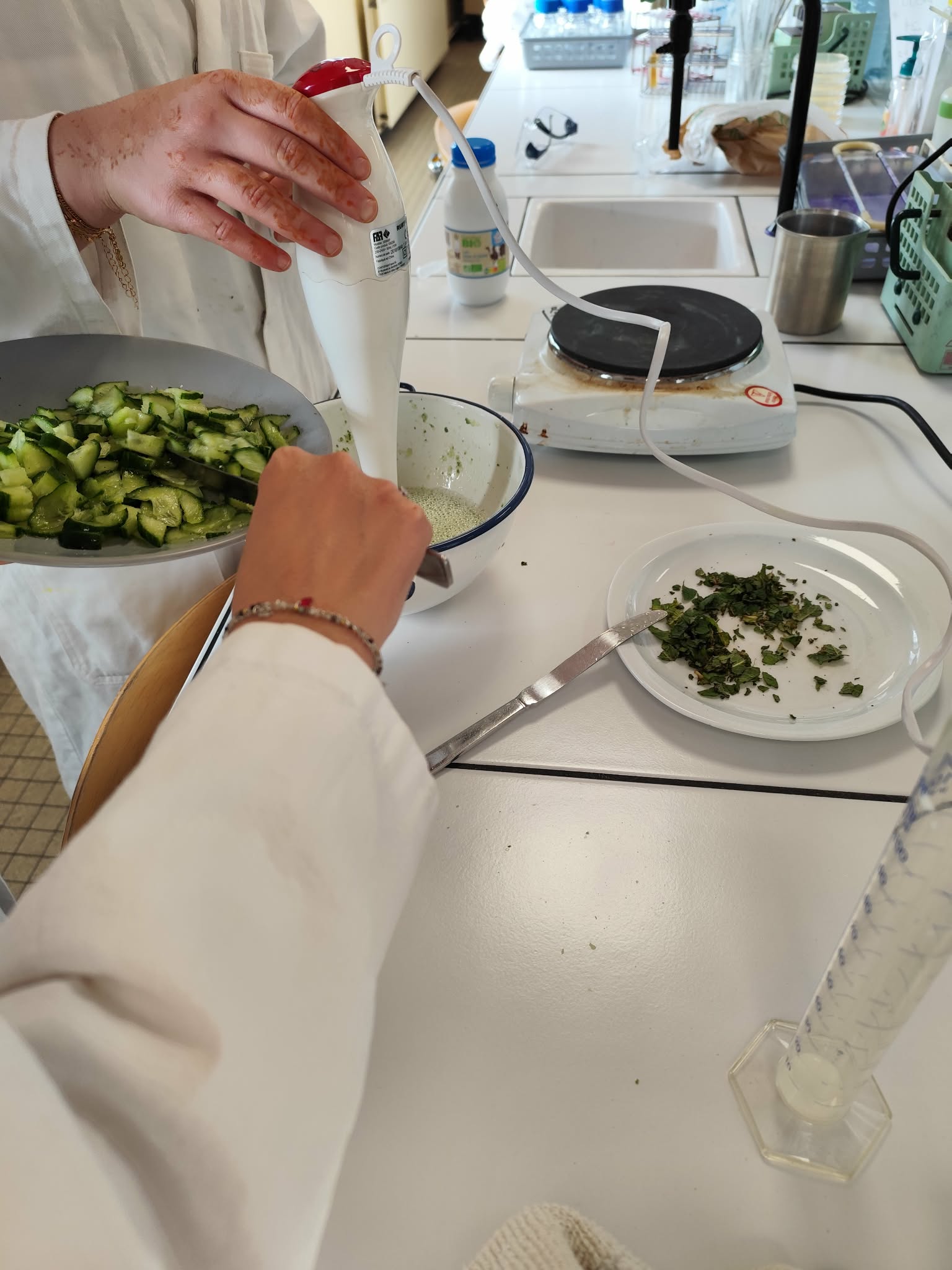 Élèves préparant un mélange à base de concombre et de menthe avec un mixeur, dans le cadre d’une étude sur la conservation et les additifs