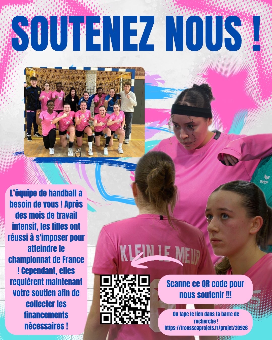 Affiche de soutien à l’équipe féminine de handball des lycées Delambre et Montaigne d’Amiens, qualifiée pour les championnats de France, invitant à faire un don via un QR code.