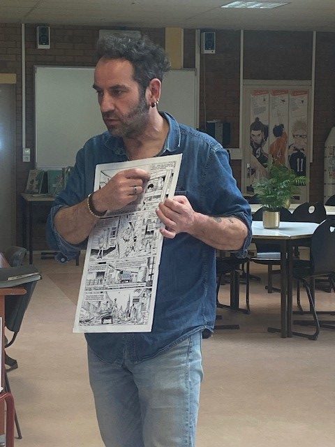 Planche de bande dessinée utilisée par Hardoc pour montrer les bases du dessin et du storyboard aux élèves lors de la rencontre