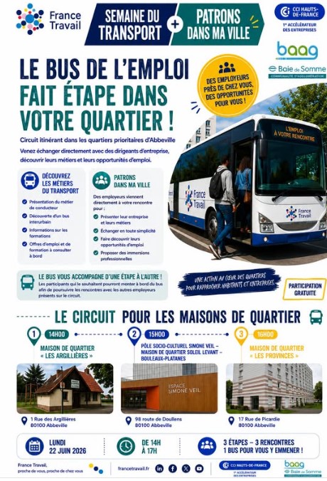 Une brochure de promotion pour "le bus de l'emploi" organisé par France Travail.